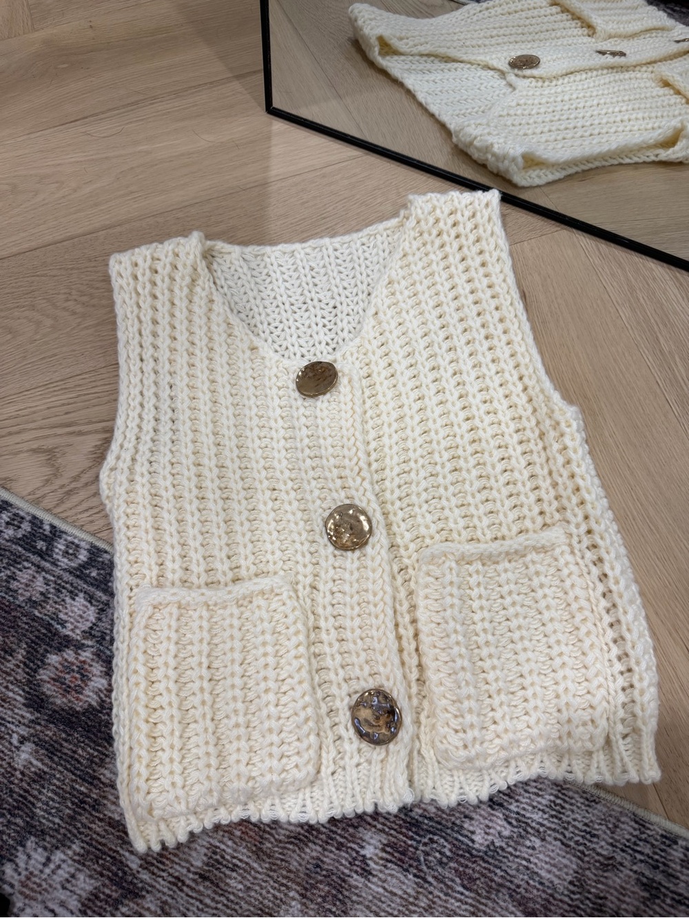 Cream Knit Button-Front Sweater Vest